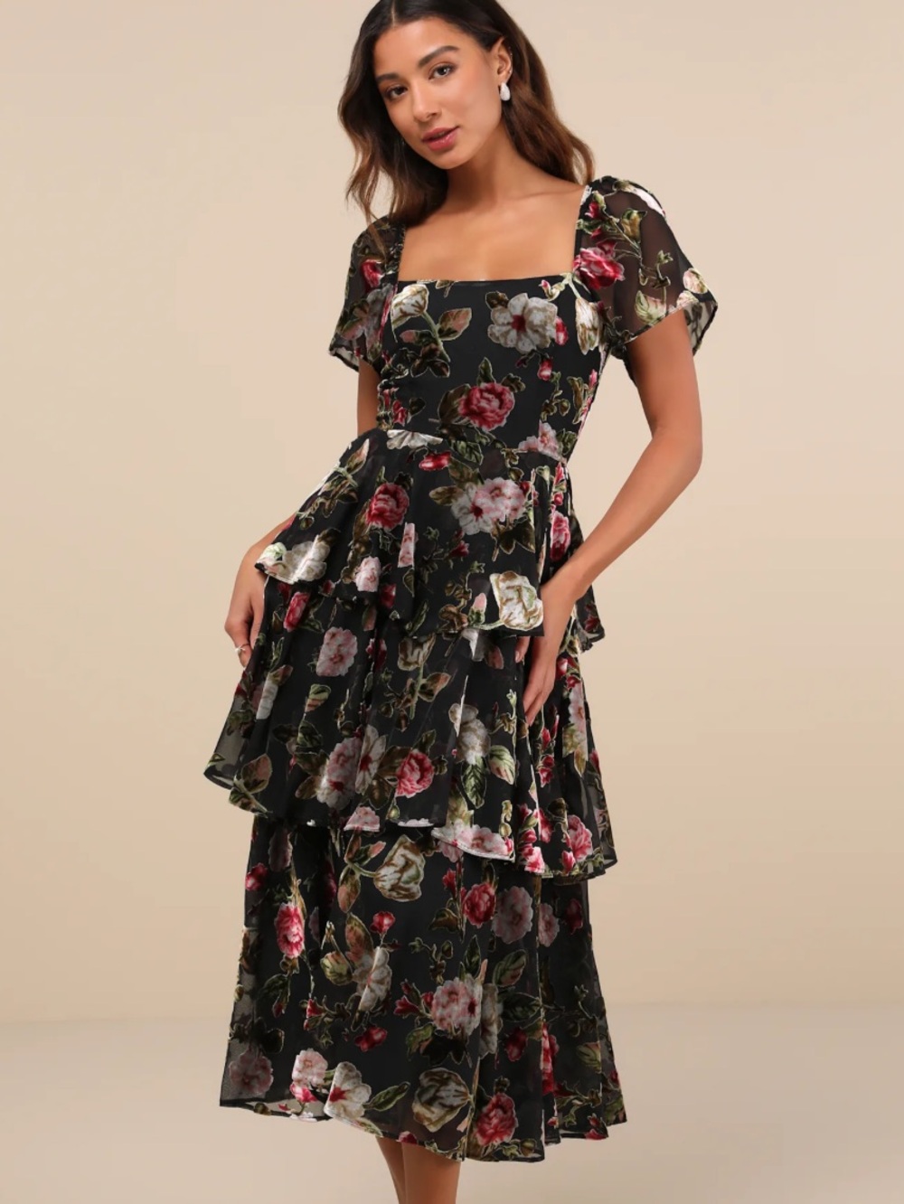 New Lulus Darling Black Burnout Floral Tiered Midi Dress with Square Neck Sz XL